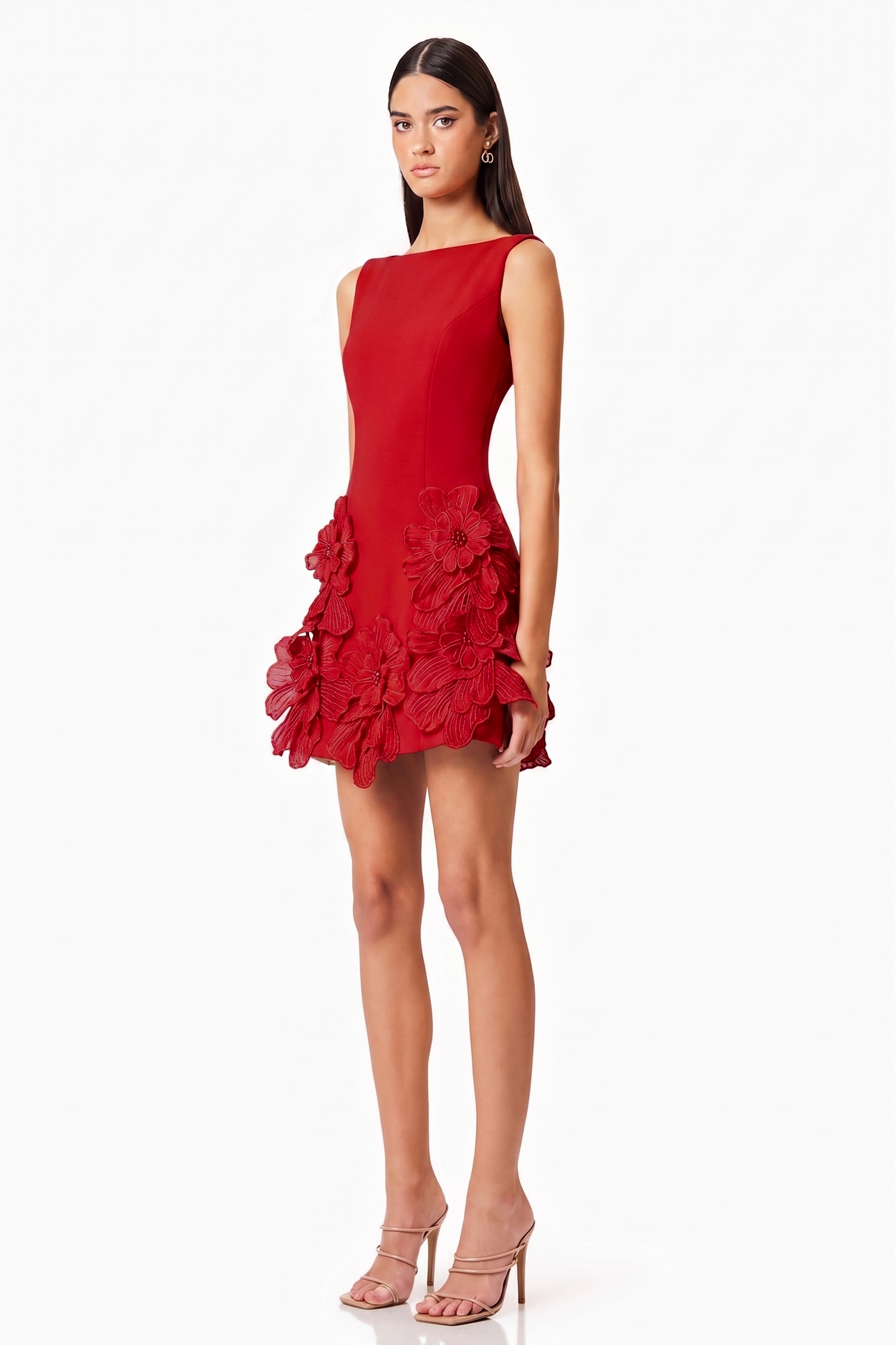 3D Flower Solid Round Neck Mini Dress