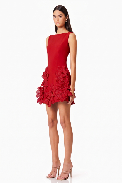 3D Flower Solid Round Neck Mini Dress