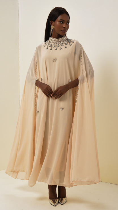 Chiffon Rhinestone Rivets Cape Midi Dress