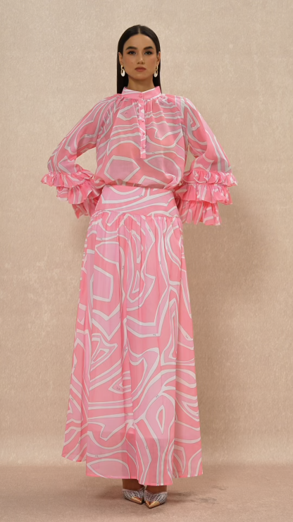 Abstract Print Frill Top & High Waist Maxi Skirt Set