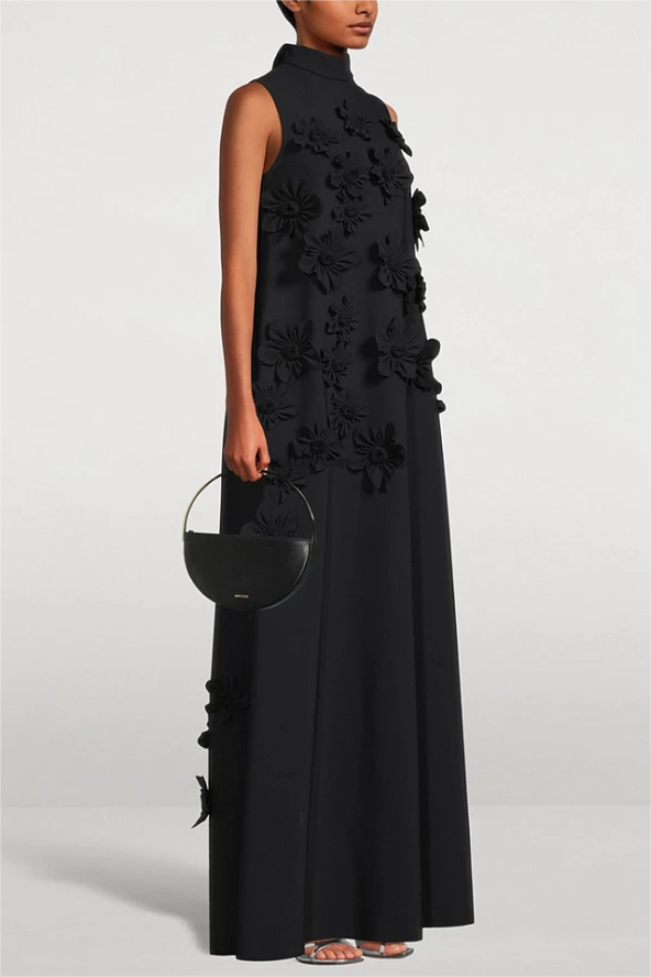 Oversized 3D Flower High Neck Black Chiffon Blouse