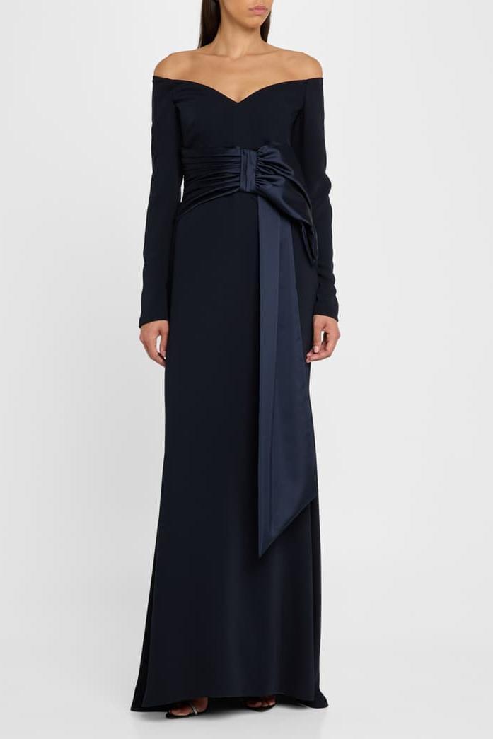 Solid Bow Long Sleeve Off Shoulder Maxi Dress