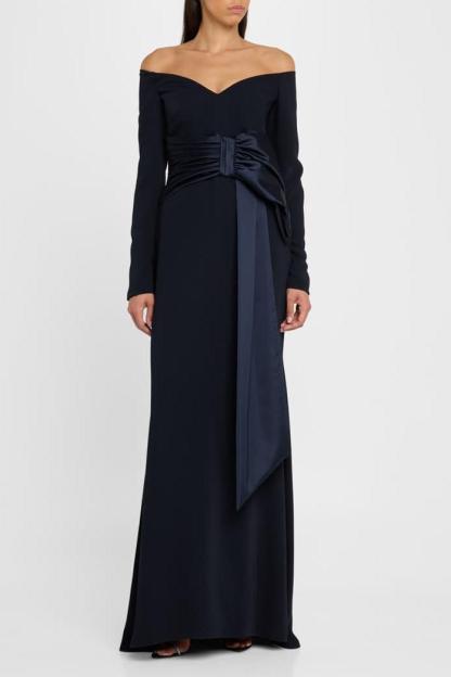 Solid Bow Long Sleeve Off Shoulder Maxi Dress