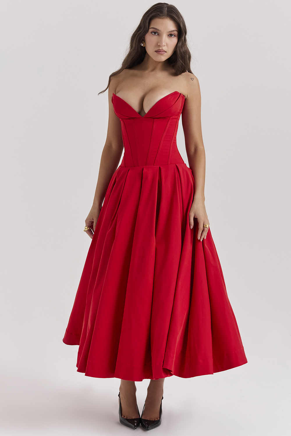 Solid Strapless Sweetheart Neckline Midi Dress