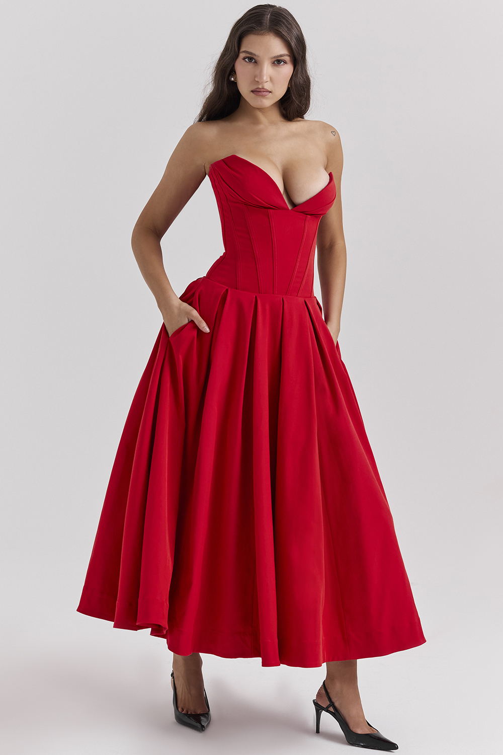 Solid Strapless Sweetheart Neckline Midi Dress