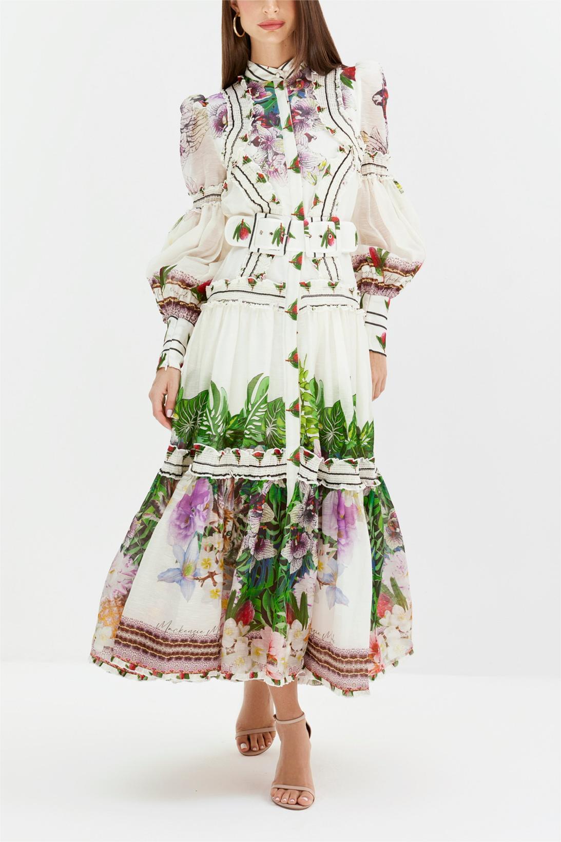 Floral Lantern Sleeve Midi Dress With Belt