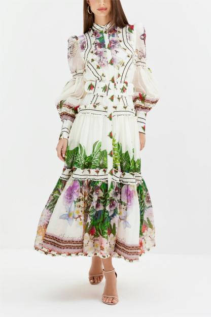 Floral Lantern Sleeve Midi Dress With Belt