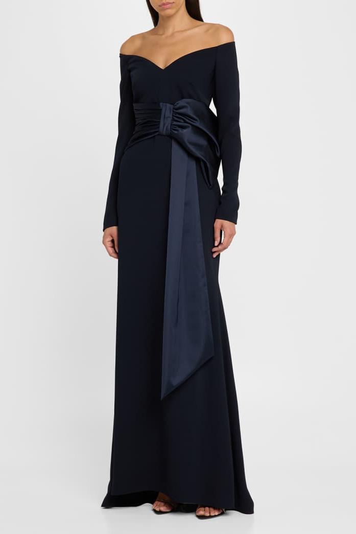 Solid Bow Long Sleeve Off Shoulder Maxi Dress