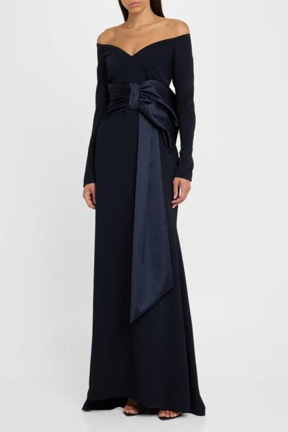 Solid Bow Long Sleeve Off Shoulder Maxi Dress