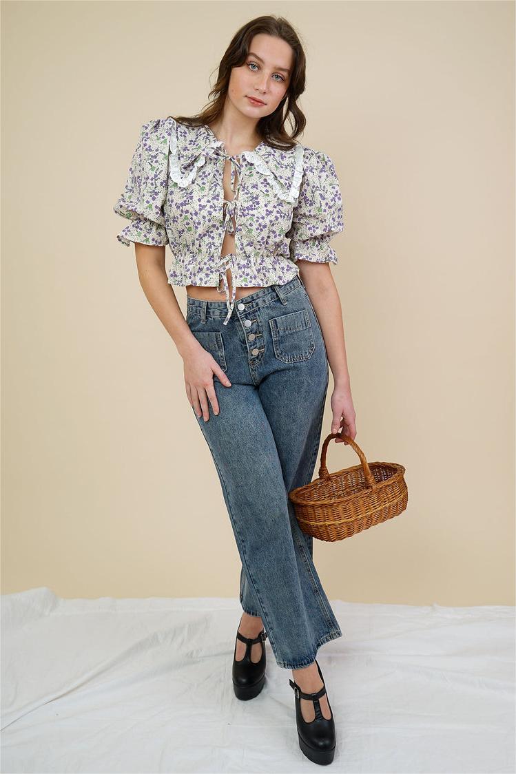 Puff Sleeve Peter Pan-colla Print Blouse White