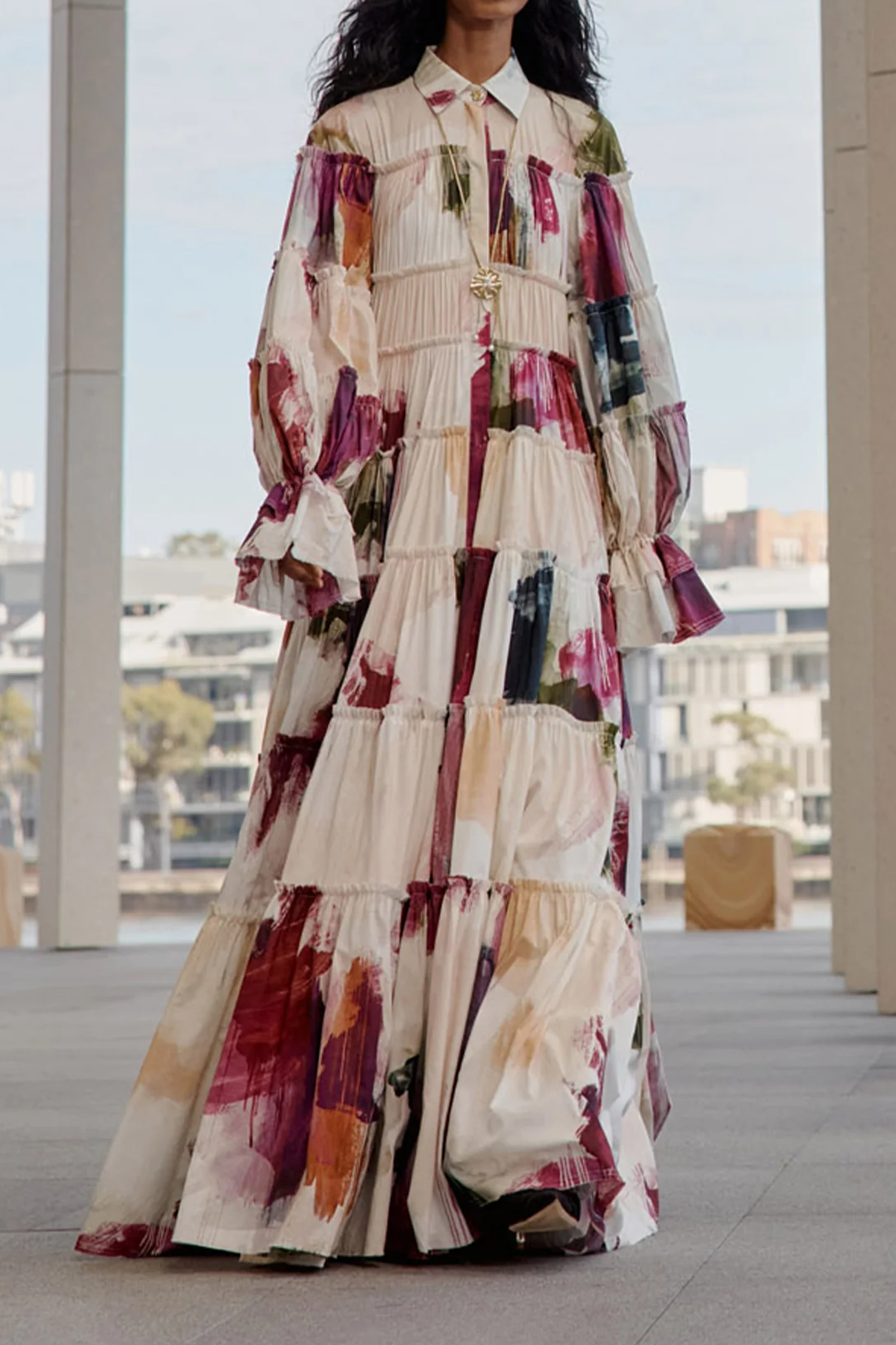 Ruffle Single Breasted Lantern Sleeve Maxi Dress