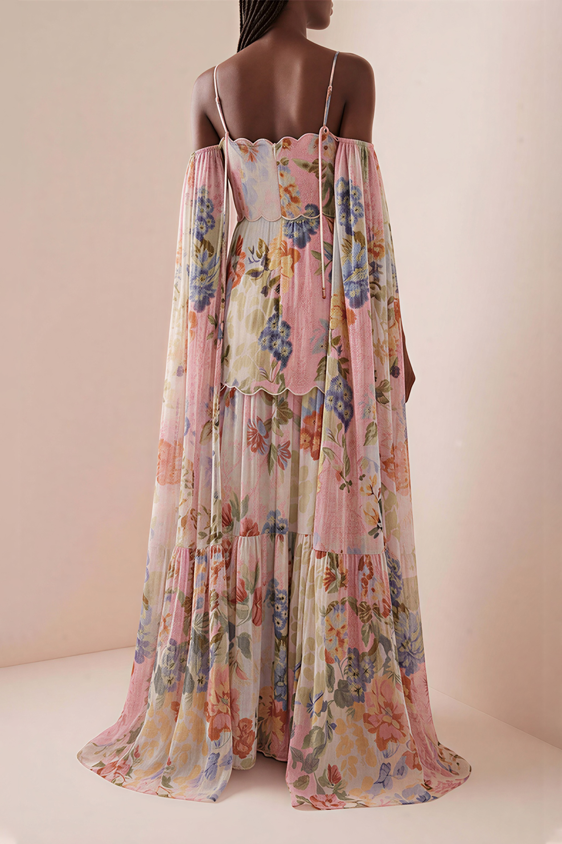 Embroidered Floral Cape Sleeve Maxi Dress