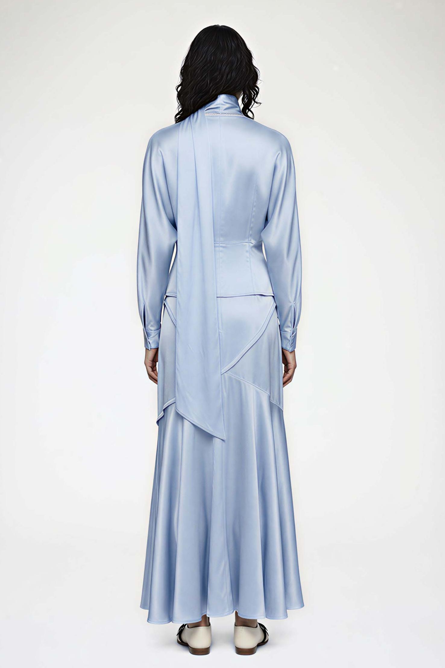 V-Neck Top With Scarf & High Waist Midi Skirt Set