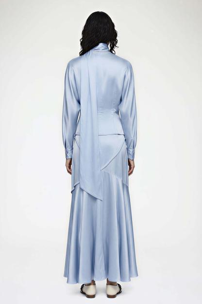 V-Neck Top With Scarf & High Waist Midi Skirt Set