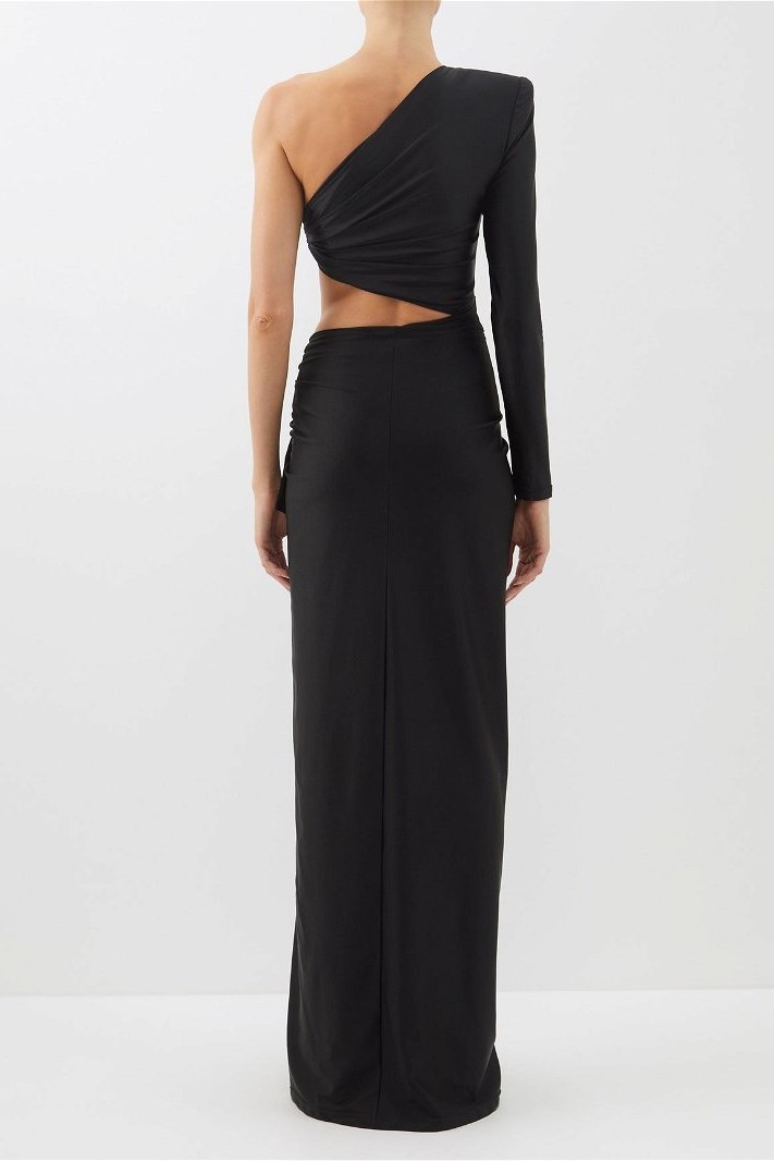 Slant Collar One Side Sleeve Dress Black