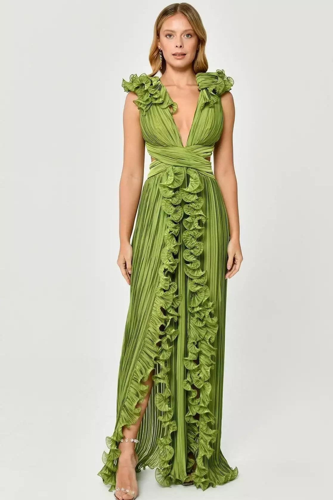 V-Neck Cut-Out Pleated Split Maxi Dress Green