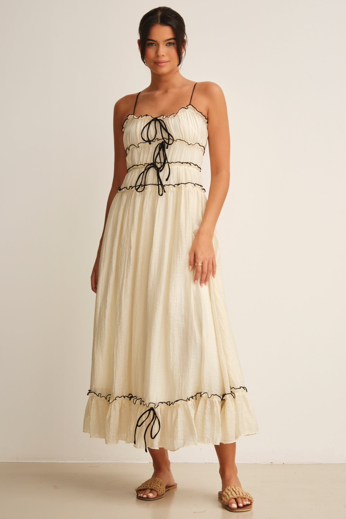 Frill Lace-Up Sleeveless Midi Dress