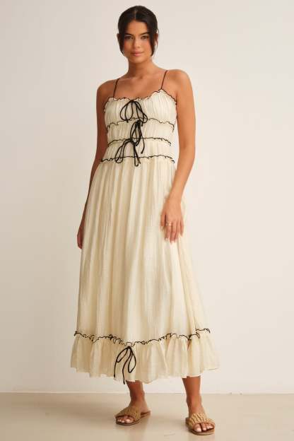 Frill Lace-Up Sleeveless Midi Dress