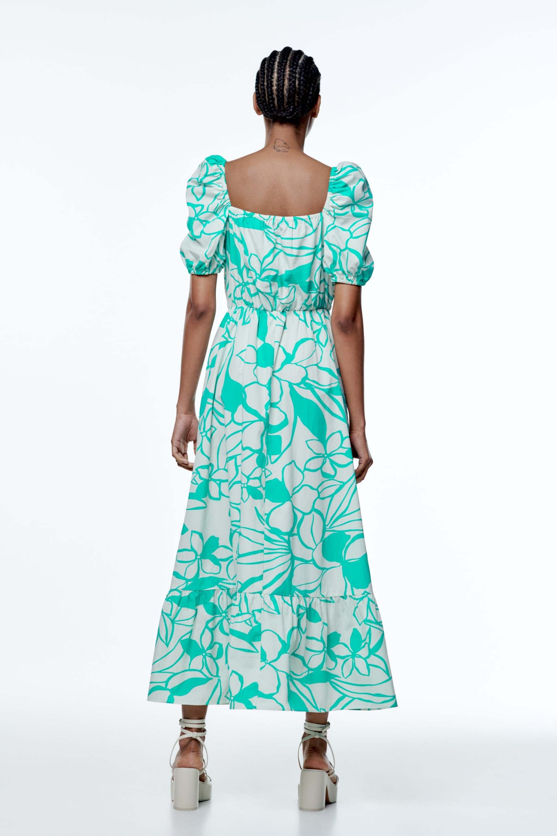 Print Puff Sleeve V-neck Large Hemline Maxi Dress Green