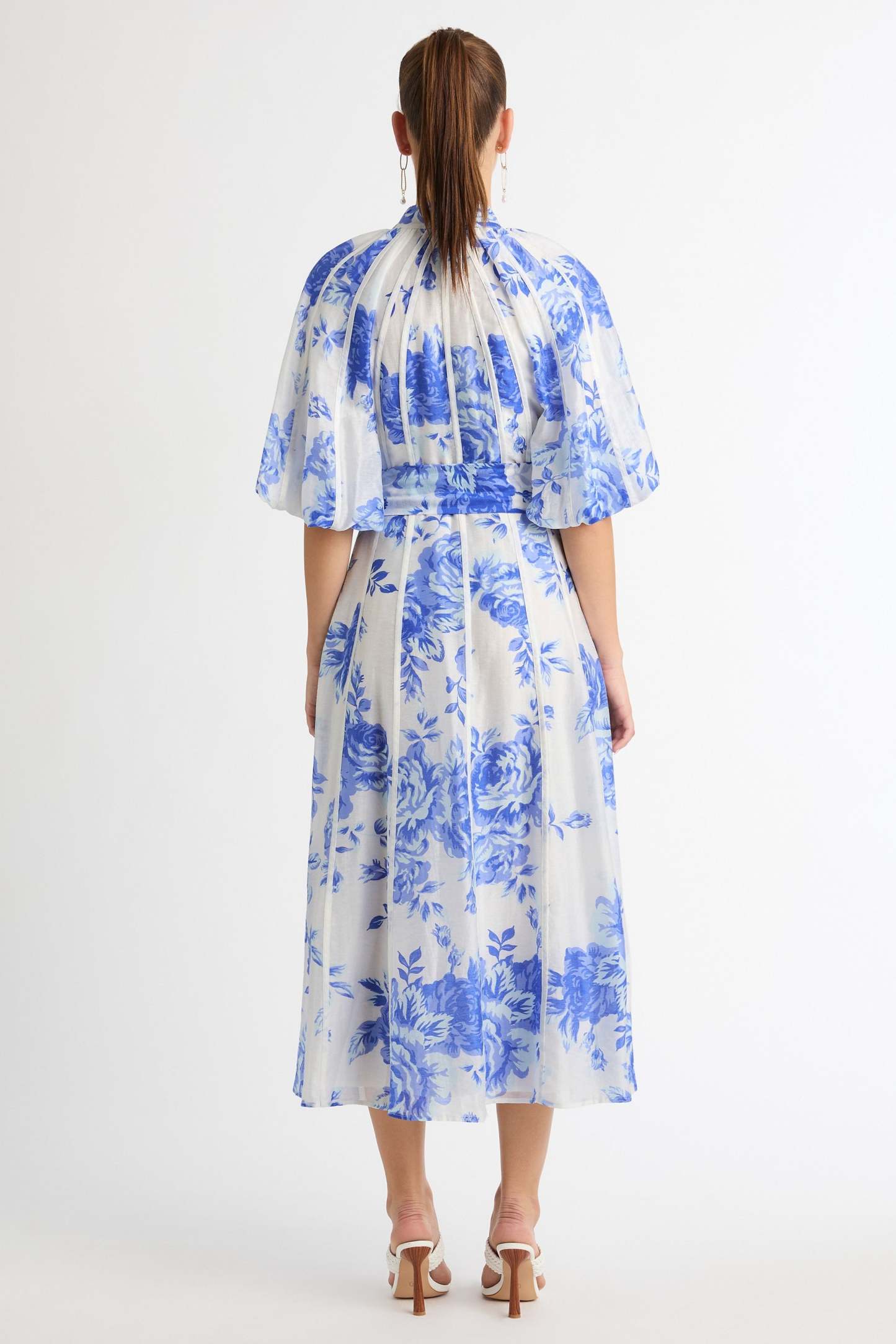 Floral Single Breasted Puff-Sleeves Midi Dress With Belt
