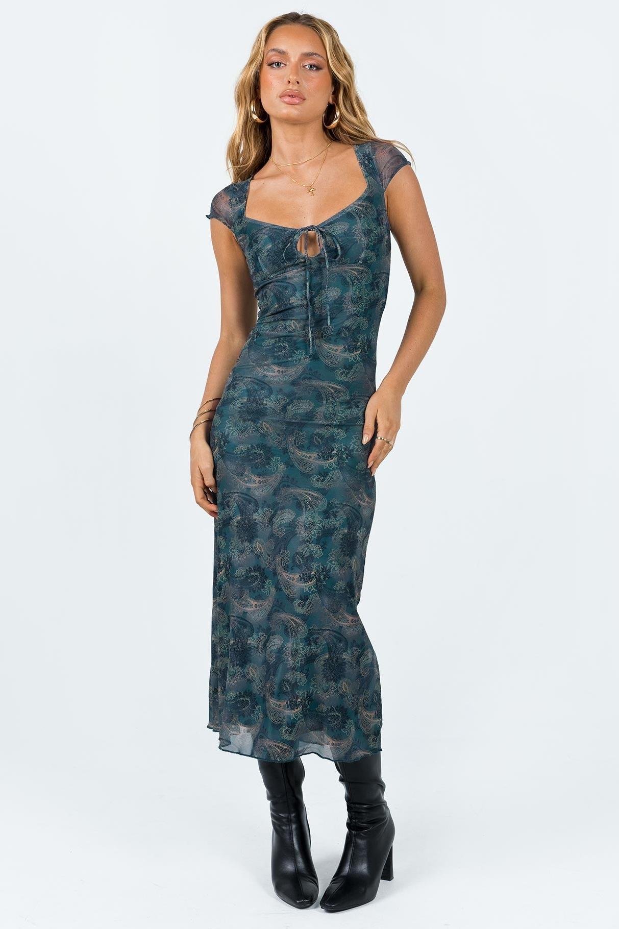 Square Collar Lace Up Slim Midi Dress