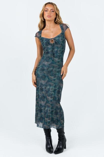 Square Collar Lace Up Slim Midi Dress