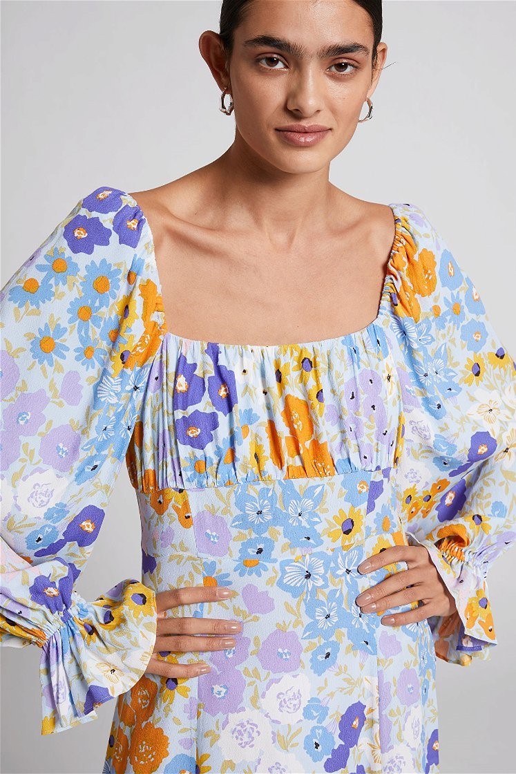 Floral Puff-Sleeve Split Midi Dress