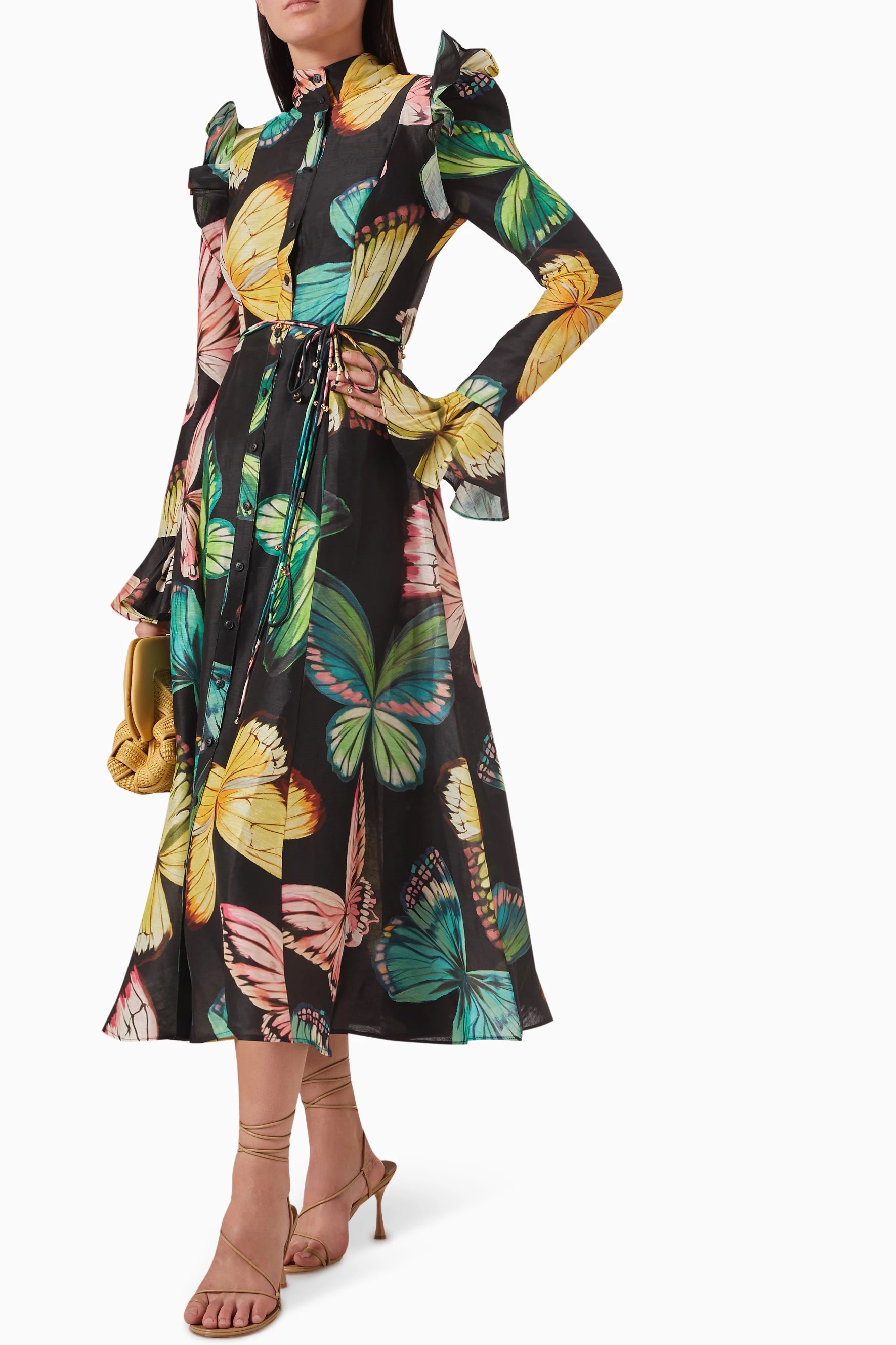 Butterfly Print Lantern Sleeve Midi Dress