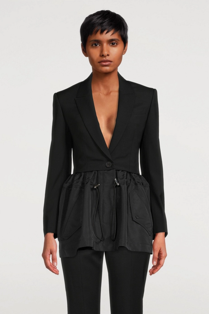 Drawstring Ruffle Hem Blazer Black