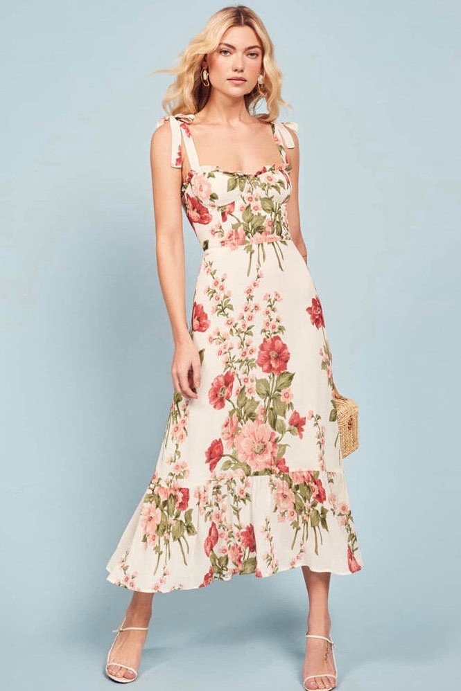 Floral Lace-Up Sweetheart Neckline Midi Dress