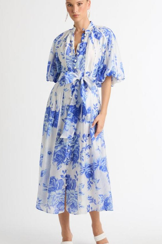 Floral Single Breasted Puff-Sleeves Midi Dress With Belt