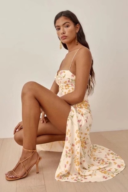 Floral Lace-Up Split Midi Dress