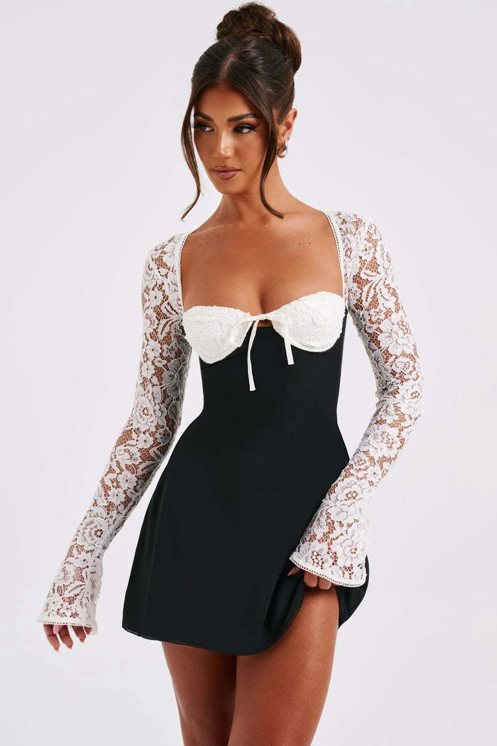 Lace Sweetheart Neckline Lace-Up Mini Dress