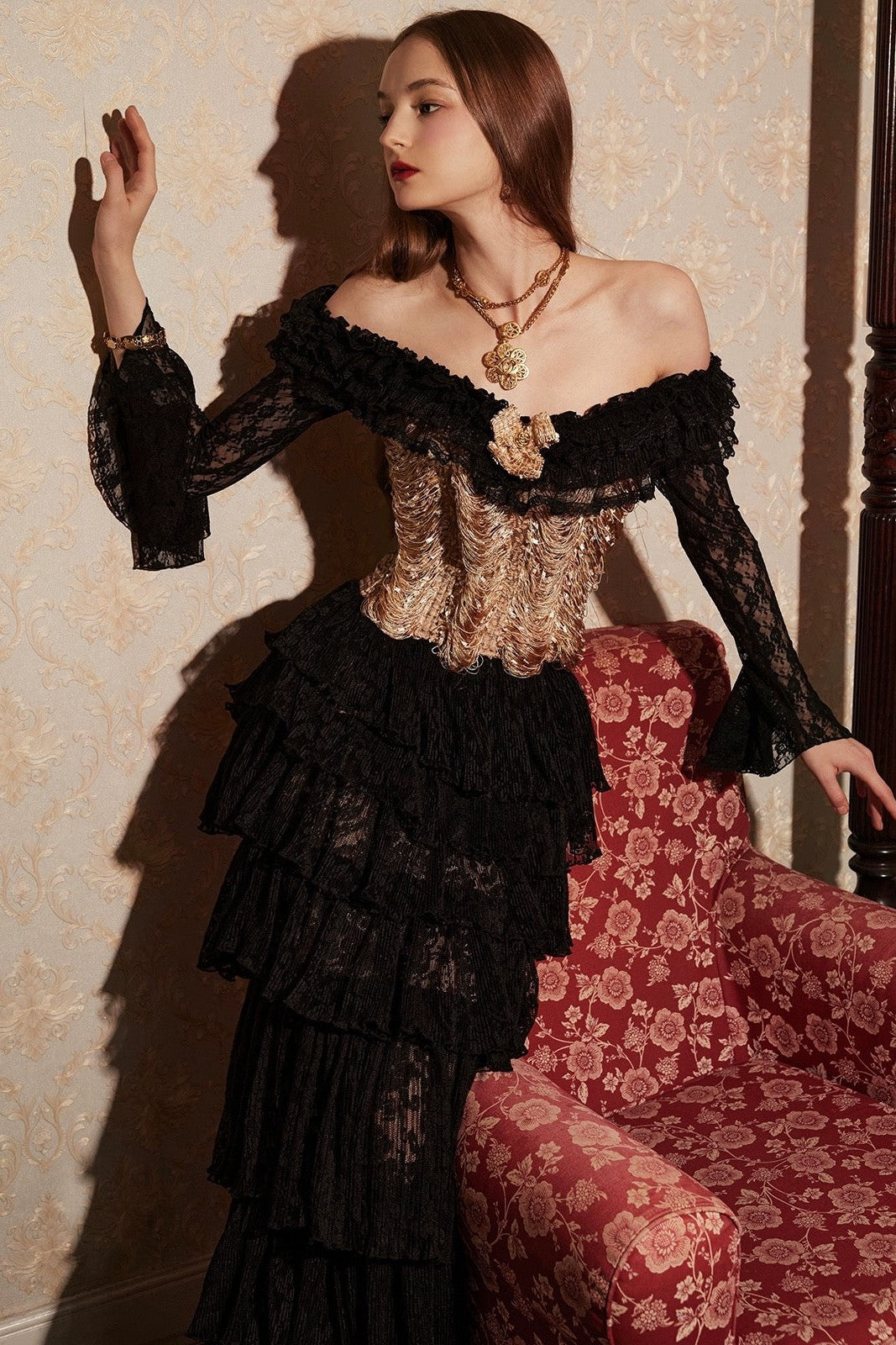 Lace Frill Long Sleeves Corset
