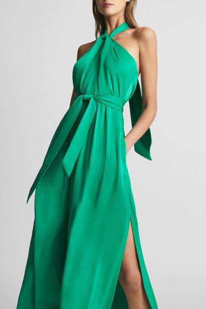 Sleeveless Lace Up Slit Halter Neck Midi Dress Green