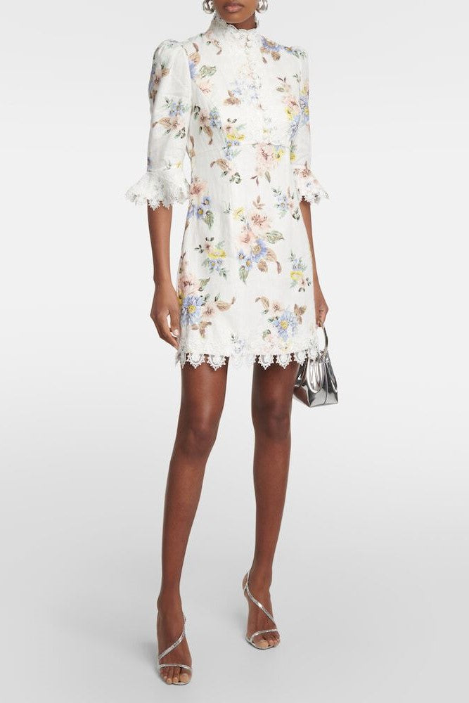Floral Lace Button Long Sleeve Mini Dress
