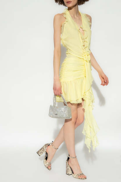 Sleeveless V-Neck Ruffle Hem Halter Neck Mini Dress