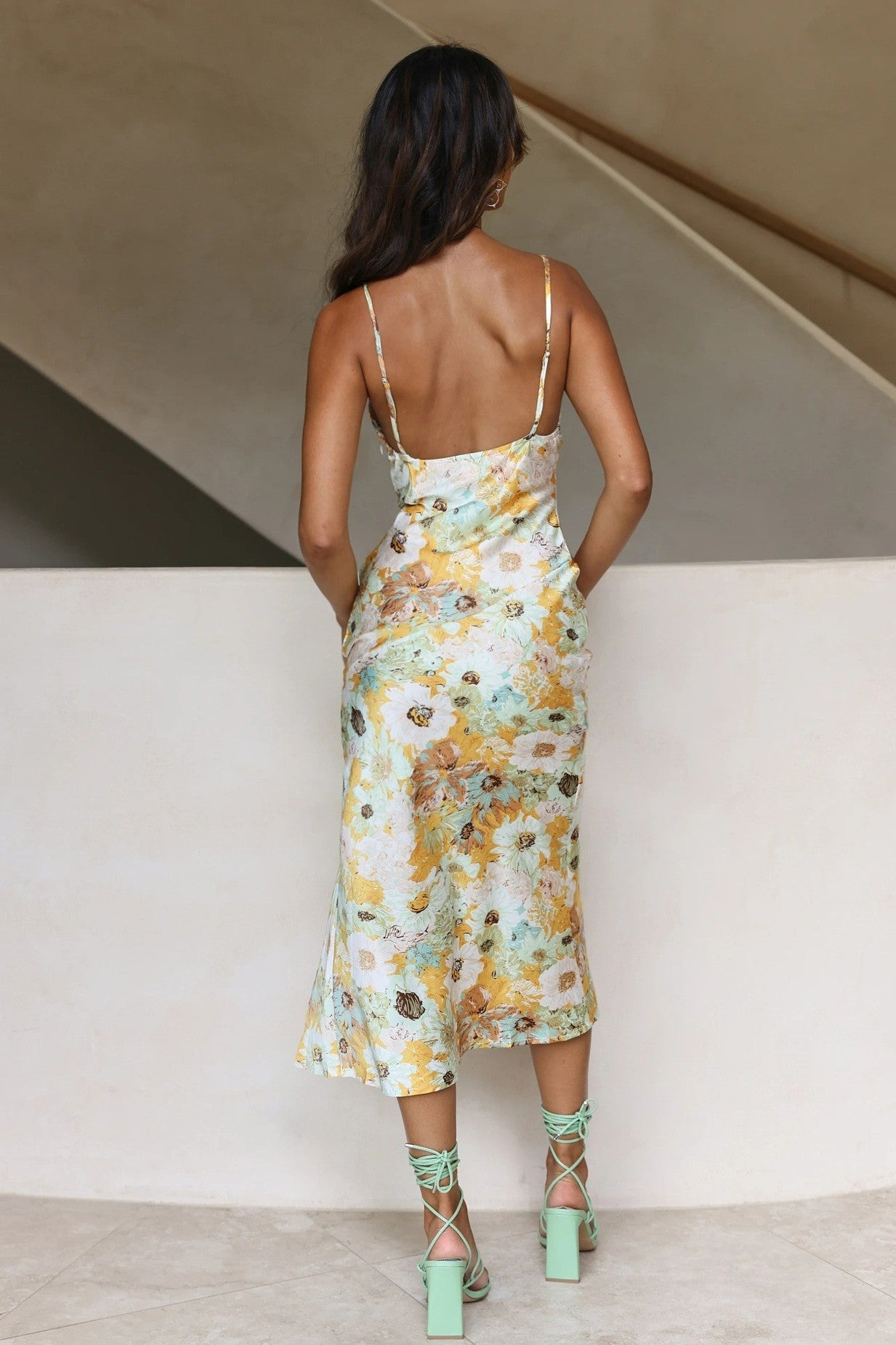 Printed V-Neck Slit Cami Midi Dress