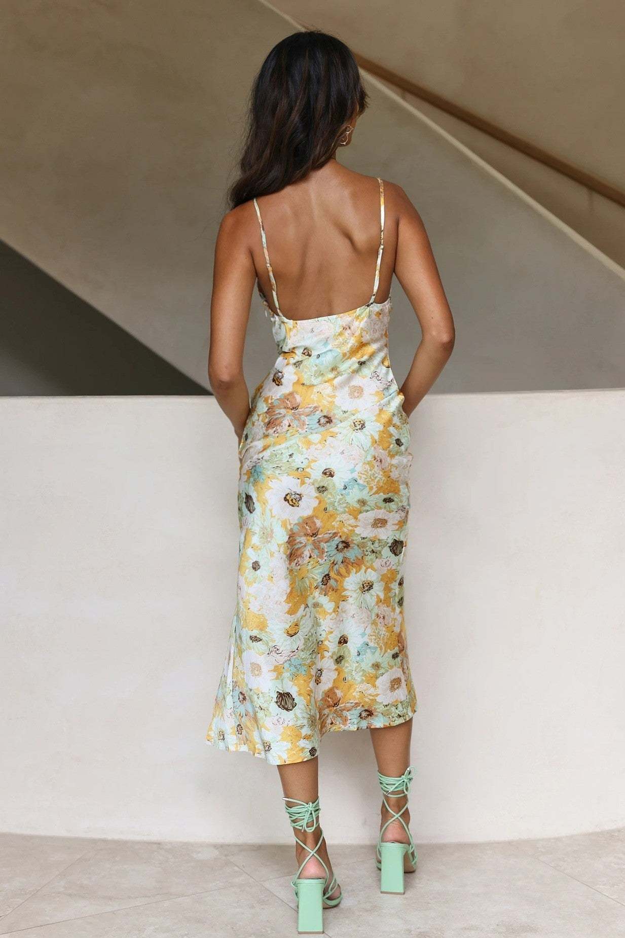Printed V-Neck Slit Cami Midi Dress