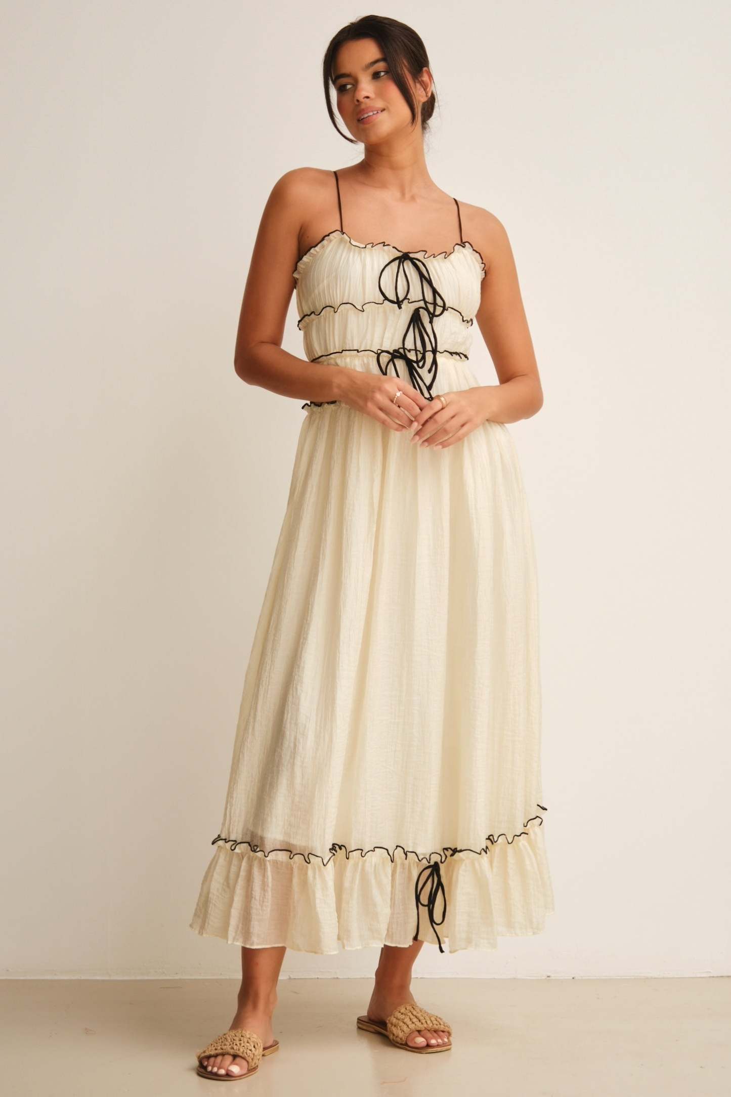 Frill Lace-Up Sleeveless Midi Dress
