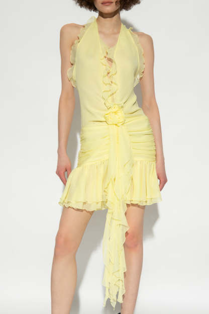 Sleeveless V-Neck Ruffle Hem Halter Neck Mini Dress
