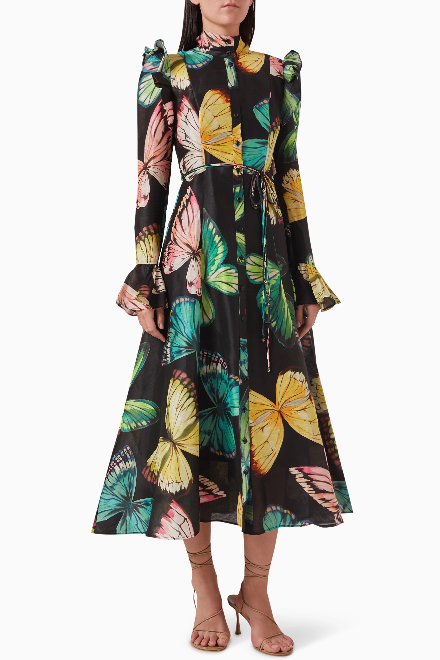 Butterfly Print Lantern Sleeve Midi Dress