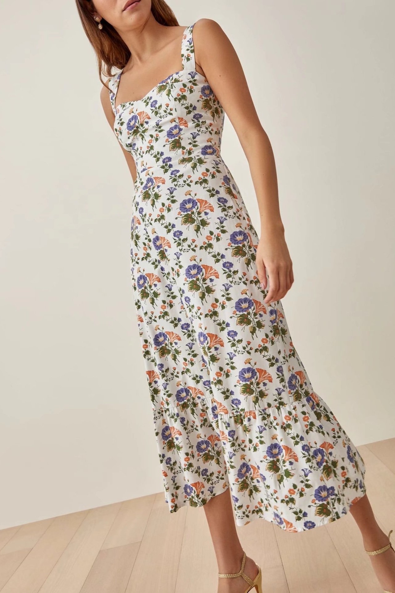 Floral Sweetheart Neckline Midi Dress
