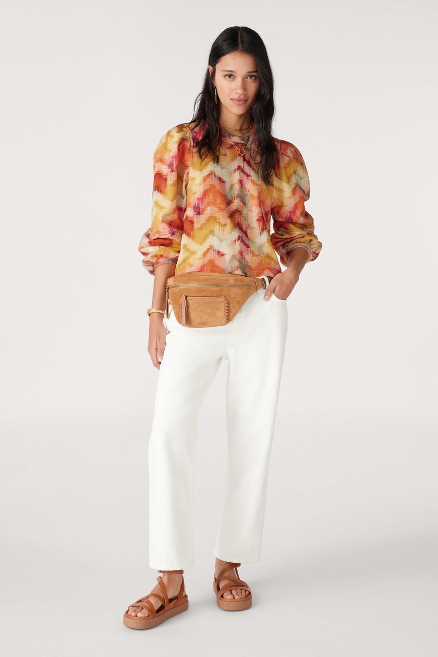 Iridescent Lantern Sleeve Crew Collar Long Sleeves Stripe