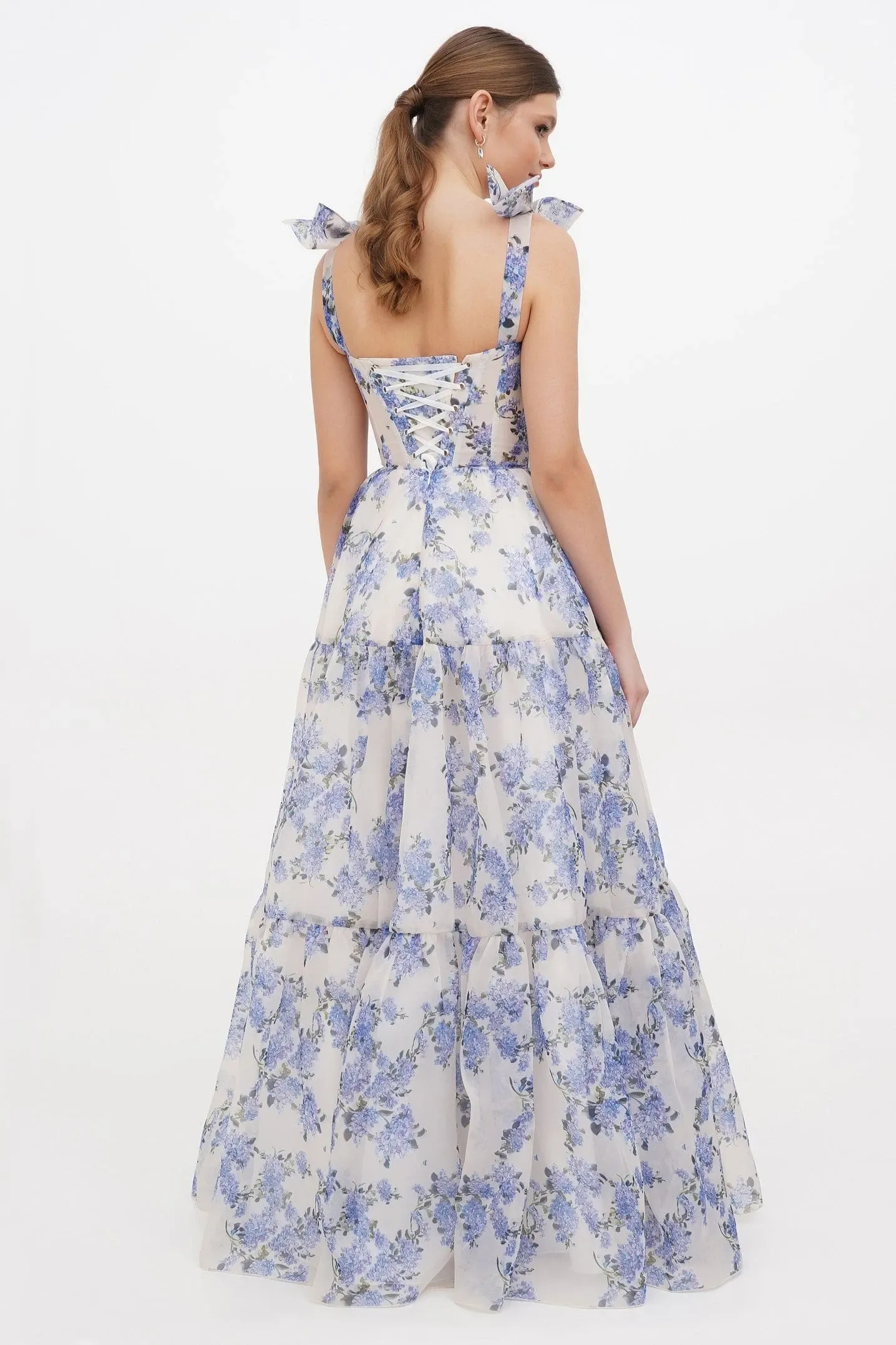 Floral Sweetheart Neck Frill Maxi Dress