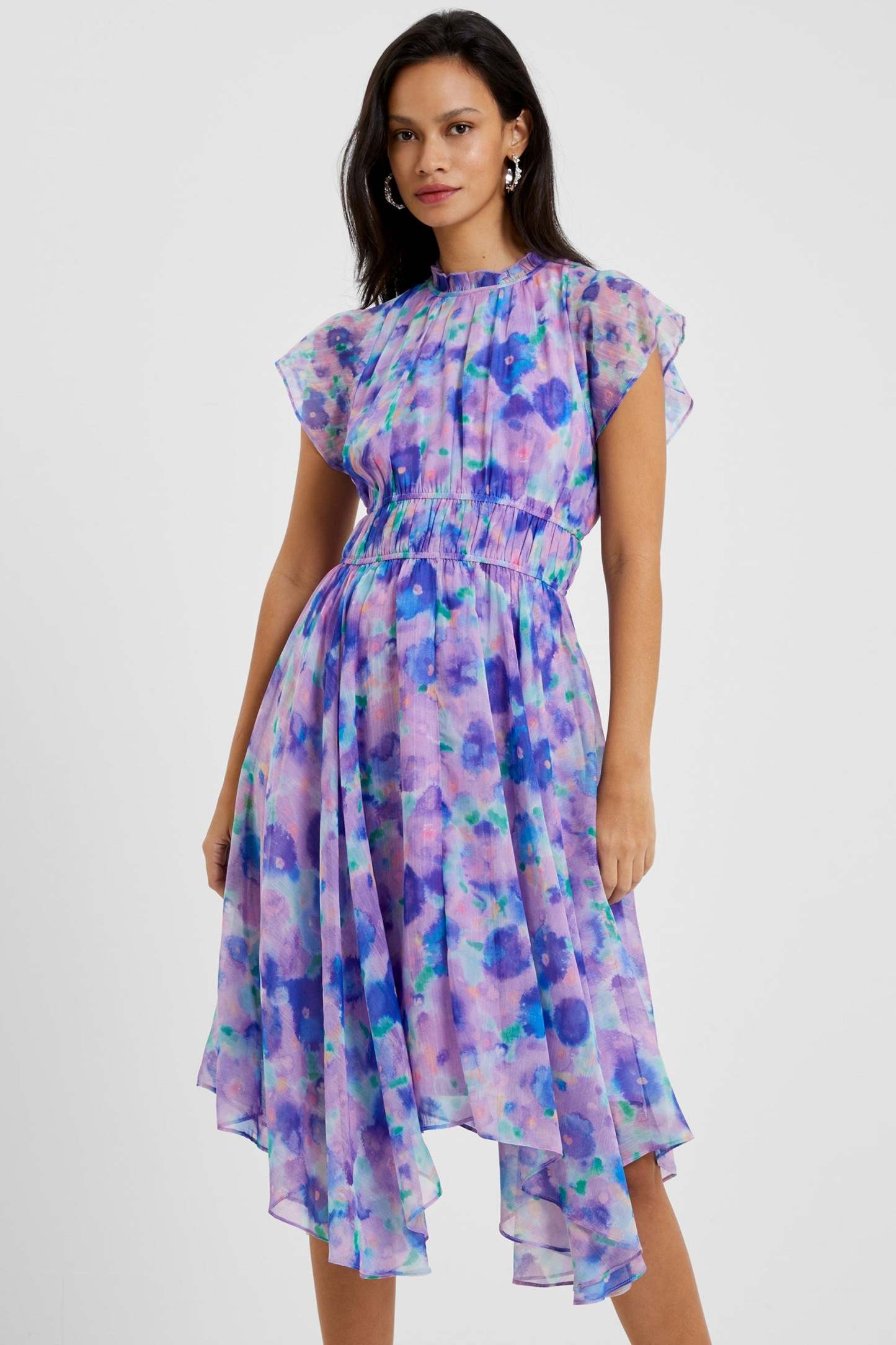 Printed Crew Collar Asymmetric Pleated Midi Dress
