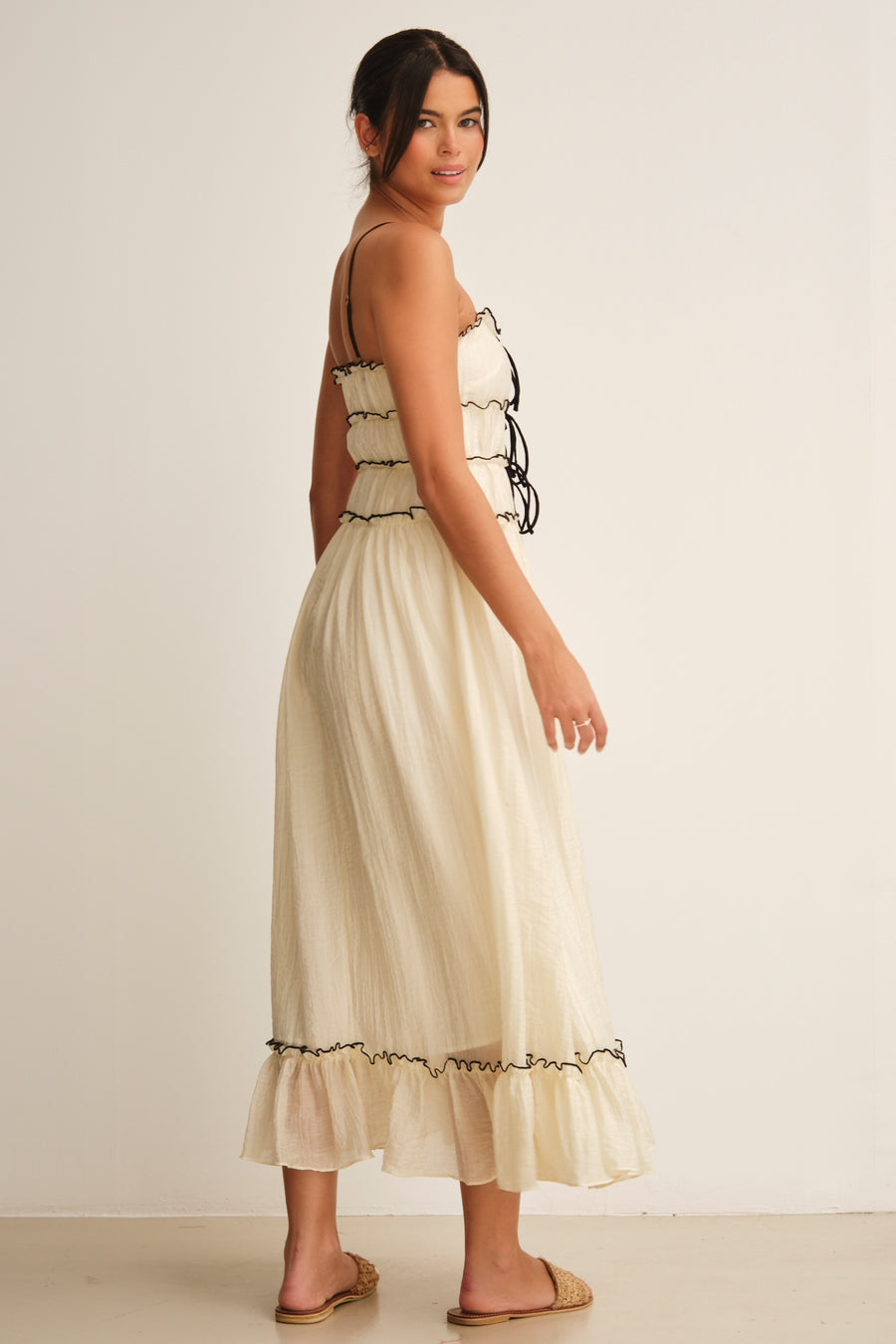 Frill Lace-Up Sleeveless Midi Dress