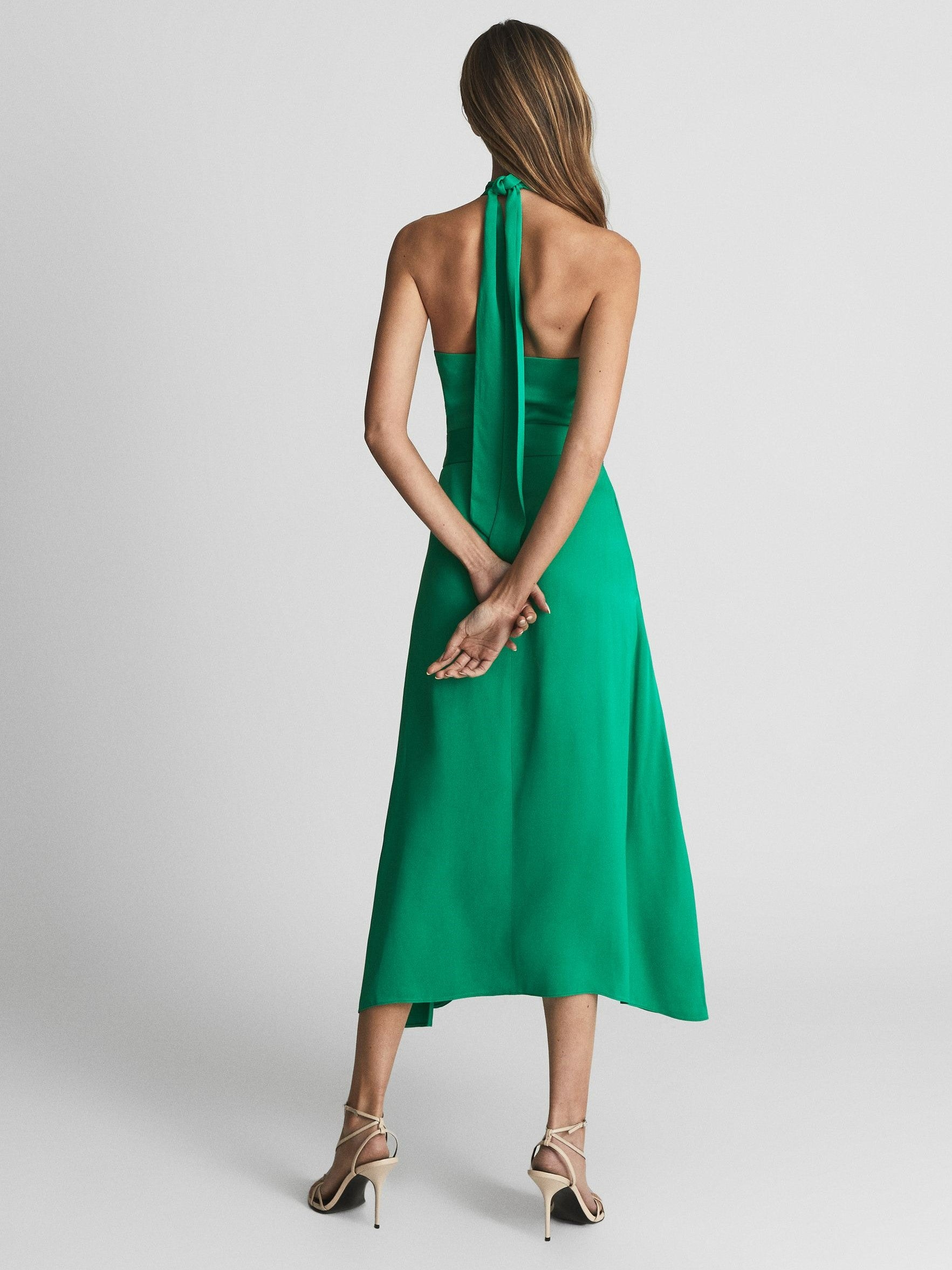 Sleeveless Lace Up Slit Halter Neck Midi Dress Green