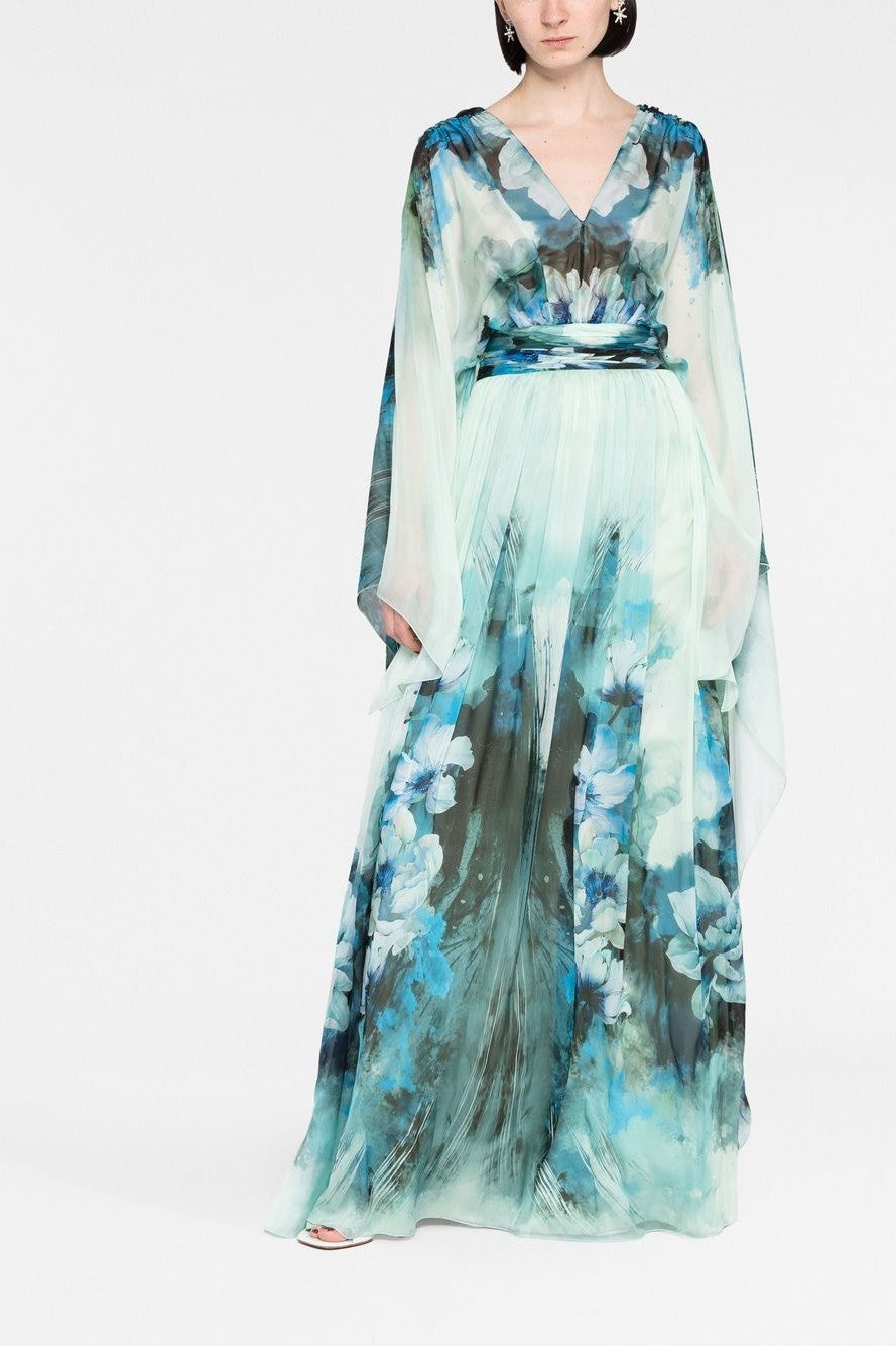 Floral Long Sleeves V-Neck Tapered Waist Maxi Dress Blue