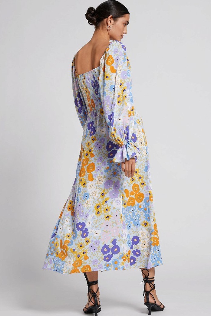 Floral Puff-Sleeve Split Midi Dress